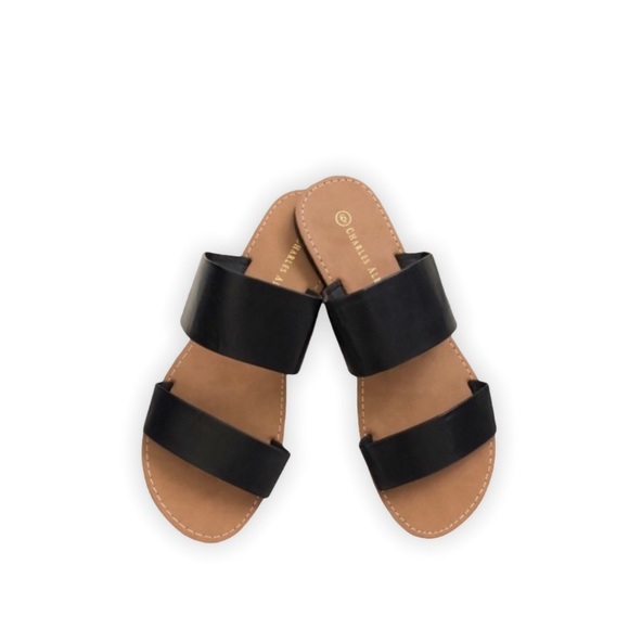 Charles Albert Shoes - Black Double Strap Slip On Sandals